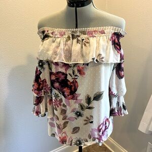 WHBM silky blouse, size S. Rose pattern in cream background. Lined. EUC!